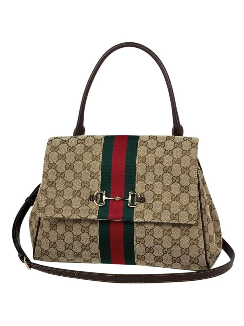 Gucci Paparazzo Medium Top Handle Bag Handbag 2-Way Horsebit GG Canvas Beige